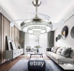 42 Silver Invisible Ceiling Fan Light LED 3-Color Change Crystal Chandeliers