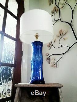 Blue glass white silk shade statement large table lamp gift idea bespoke unique