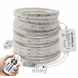 Dimmable RGB LED Strip 5050 SMD 220V Rope Tape Waterproof IP67 UK Plug + Remote