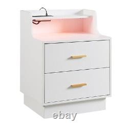 Multifunctional Nightstand with 2 Drawers USB Charging and Color-Changing LED