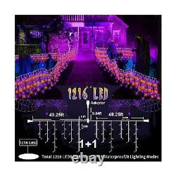 Outdoor Curtain Icicle String Lights 1216 LEDs, 99ft + 8 Modes & Remote