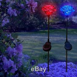 Set of 2 Solar Powered Rose Flower Yard Garden Stake Color Changing LED Light