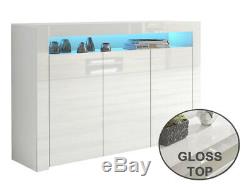 White High Gloss Doors Top White Matt Cabinet Cupboard Sideboard Blue LED Light