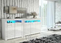 White High Gloss Doors Top White Matt Cabinet Cupboard Sideboard Blue LED Light