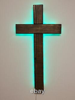 Wood Cross LED Light-UP / Backlit Wall Mount Handmade Remote Color Changing